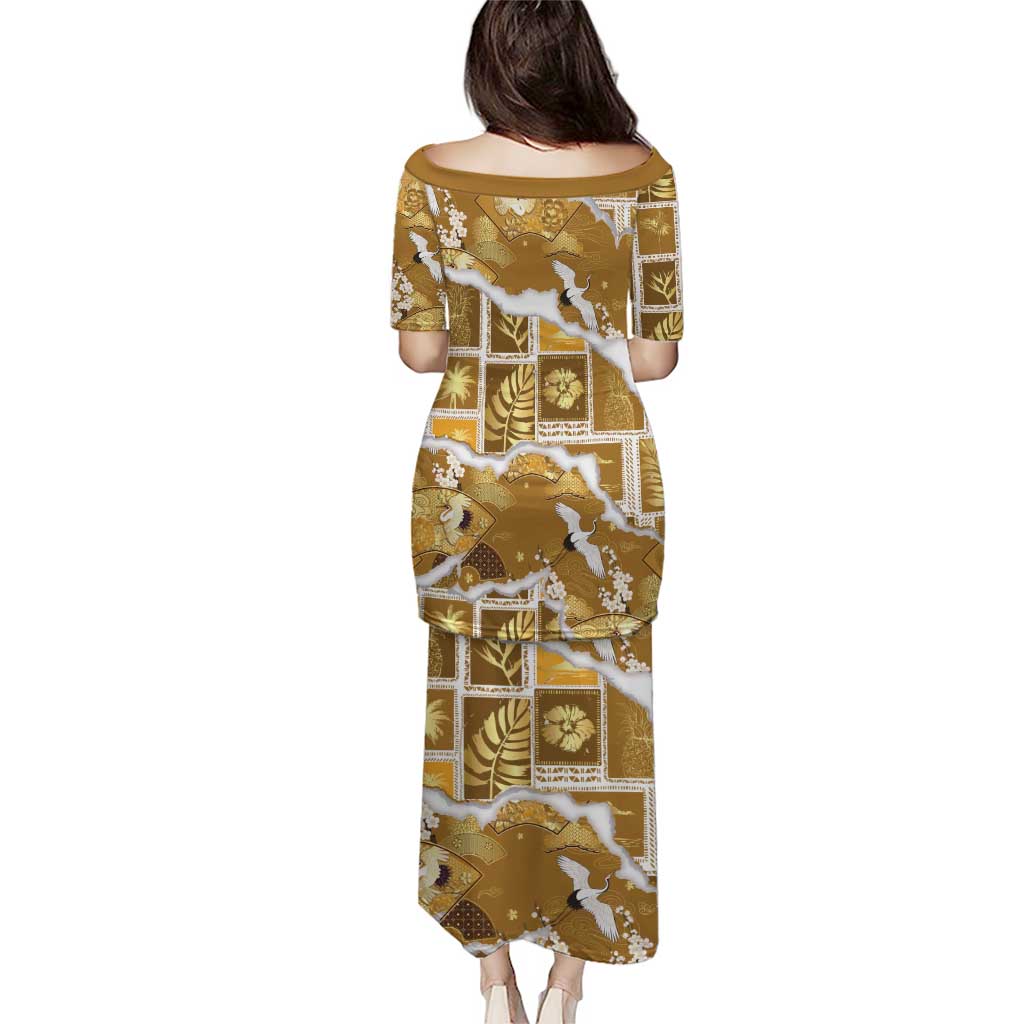 Hawaii Japanese Culture Gold Family Matching Puletasi and Hawaiian Shirt Spring Cranes Aloha Pattern