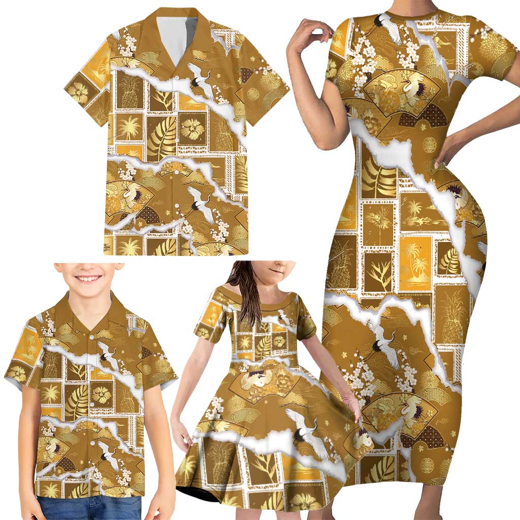 Hawaii Japanese Culture Gold Family Matching Short Sleeve Bodycon Dress and Hawaiian Shirt Spring Cranes Aloha Pattern