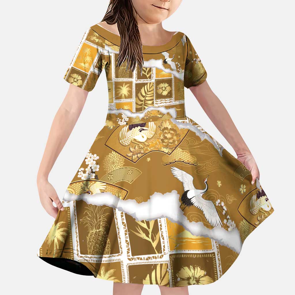 Hawaii Japanese Culture Gold Family Matching Summer Maxi Dress and Hawaiian Shirt Spring Cranes Aloha Pattern
