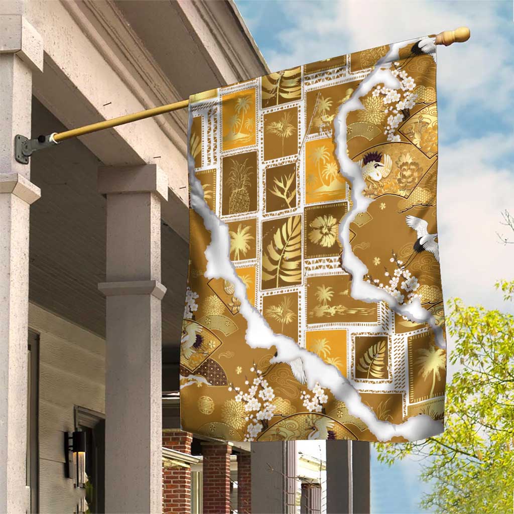 Hawaii Japanese Culture Gold Garden Flag Spring Cranes Aloha Pattern