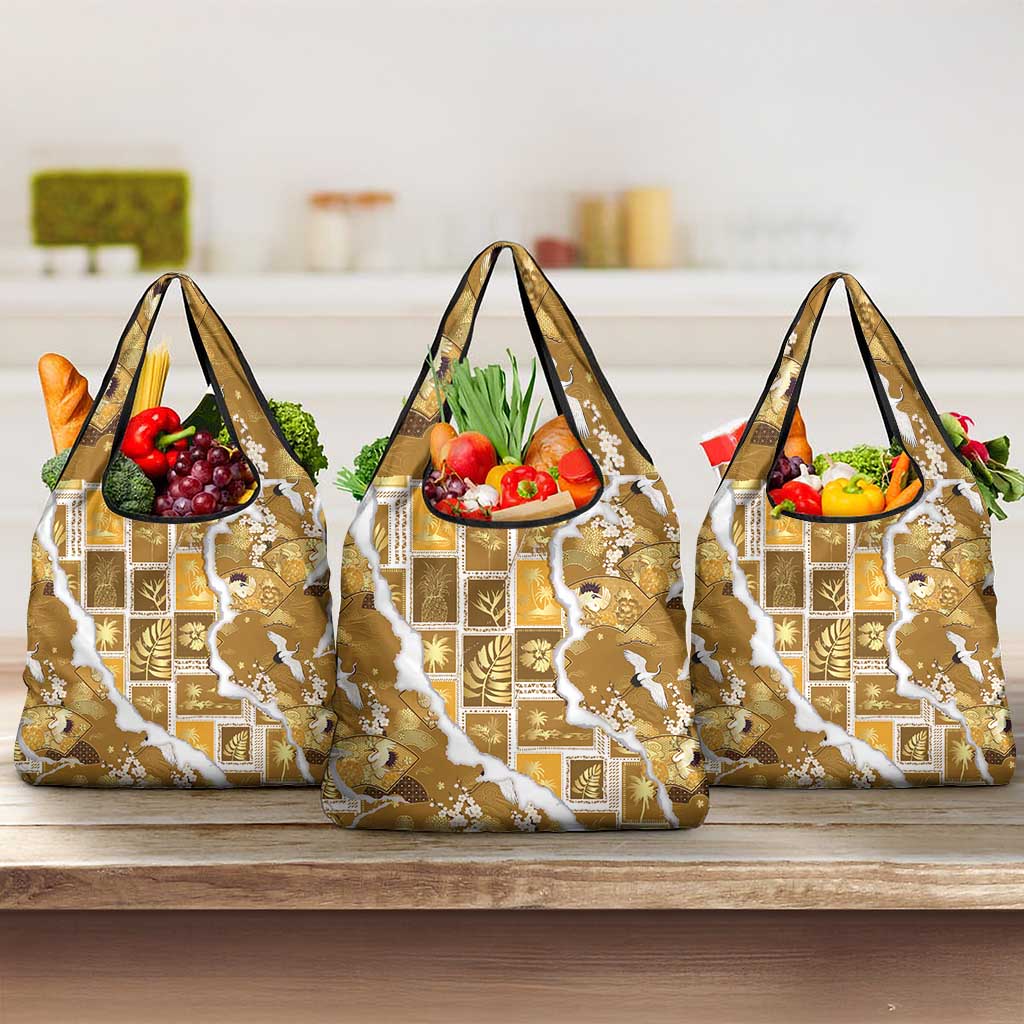 Hawaii Japanese Culture Gold Grocery Bag Spring Cranes Aloha Pattern