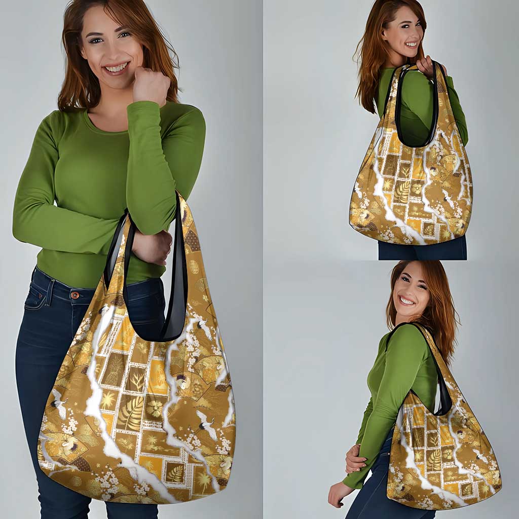 Hawaii Japanese Culture Gold Grocery Bag Spring Cranes Aloha Pattern