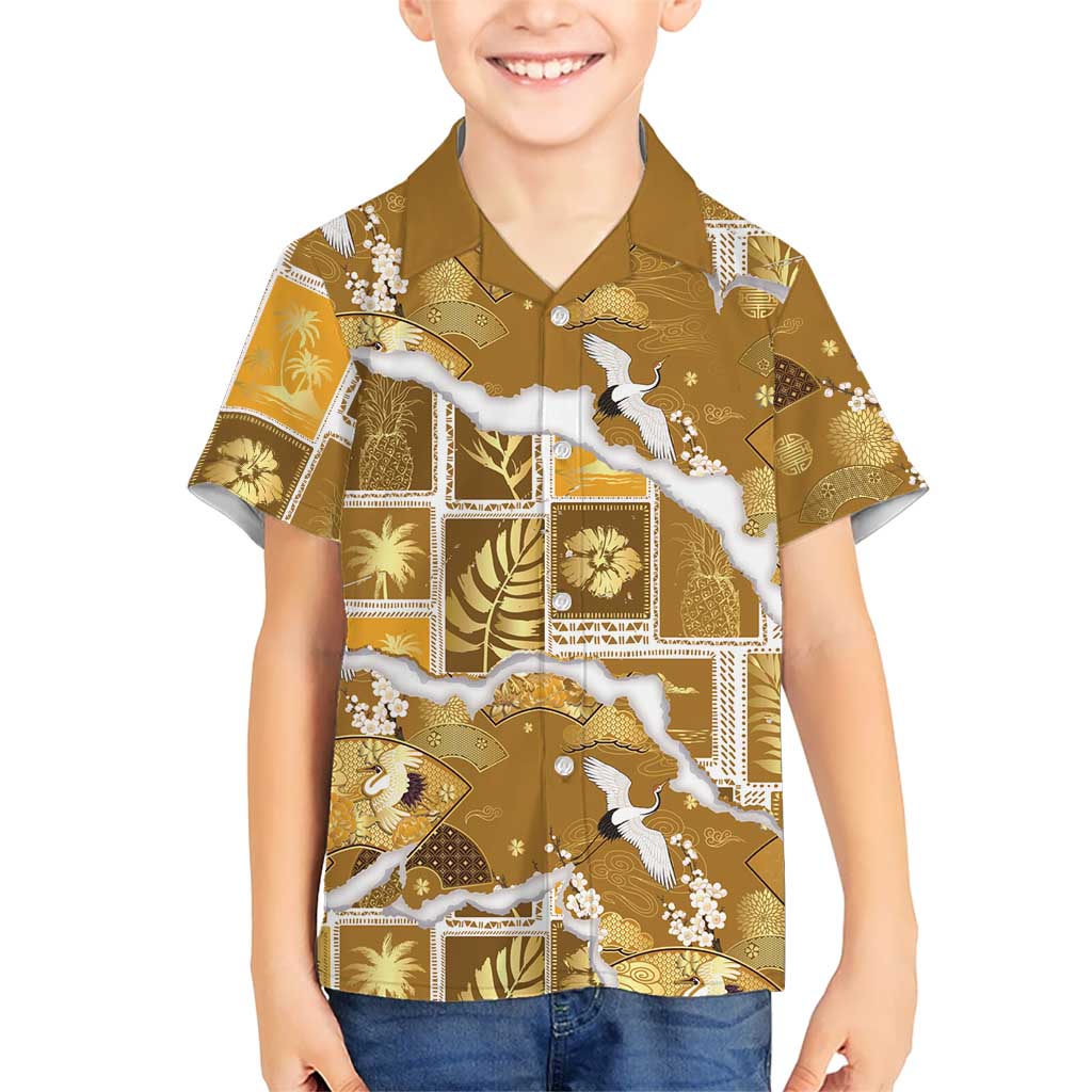 Hawaii Japanese Culture Gold Kid Hawaiian Shirt Spring Cranes Aloha Pattern