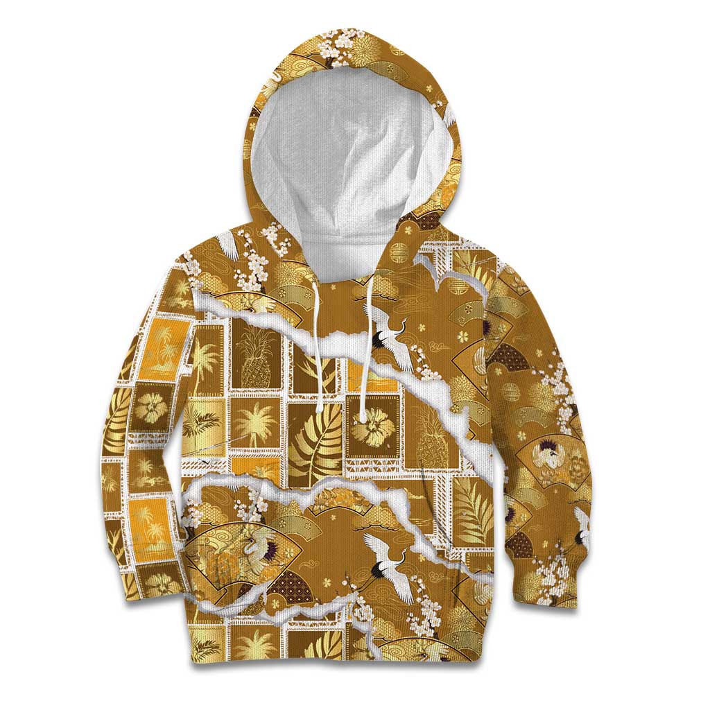 Hawaii Japanese Culture Gold Kid Hoodie Spring Cranes Aloha Pattern