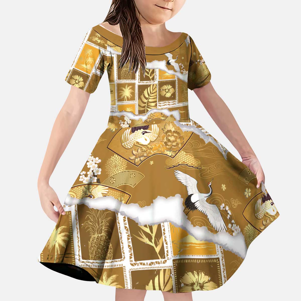 Hawaii Japanese Culture Gold Kid Short Sleeve Dress Spring Cranes Aloha Pattern LT01 KID Gold - Polynesian Pride