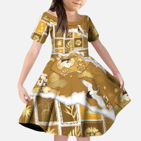 Hawaii Japanese Culture Gold Kid Short Sleeve Dress Spring Cranes Aloha Pattern LT01 KID Gold - Polynesian Pride