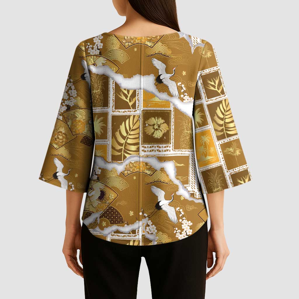 Hawaii Japanese Culture Gold Kimono Sleeve Blouse Spring Cranes Aloha Pattern