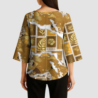 Hawaii Japanese Culture Gold Kimono Sleeve Blouse Spring Cranes Aloha Pattern