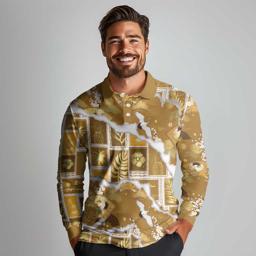 Hawaii Japanese Culture Gold Long Sleeve Polo Shirt Spring Cranes Aloha Pattern LT01 - Polynesian Pride