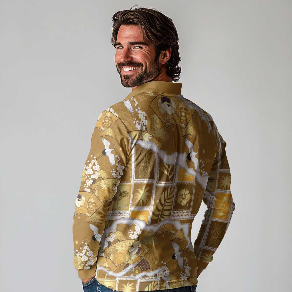 Hawaii Japanese Culture Gold Long Sleeve Polo Shirt Spring Cranes Aloha Pattern LT01 - Polynesian Pride