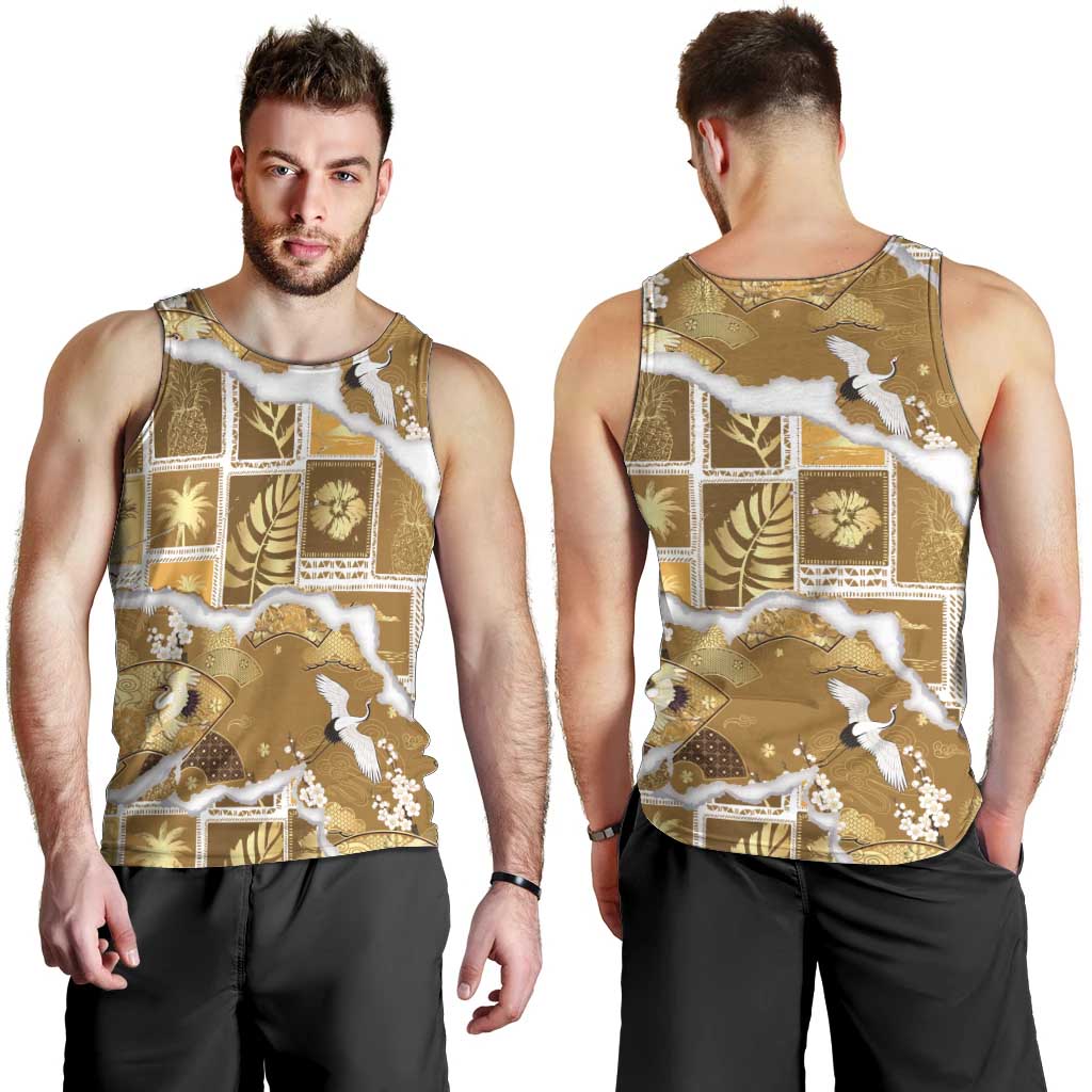 Hawaii Japanese Culture Gold Men Tank Top Spring Cranes Aloha Pattern