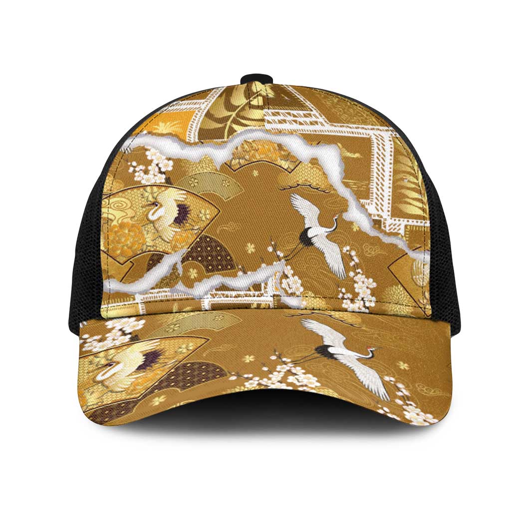 Hawaii Japanese Culture Gold Mesh Trucker Cap Spring Cranes Aloha Pattern