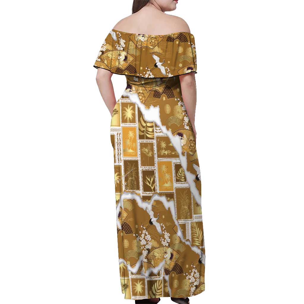 Hawaii Japanese Culture Gold Off Shoulder Maxi Dress Spring Cranes Aloha Pattern