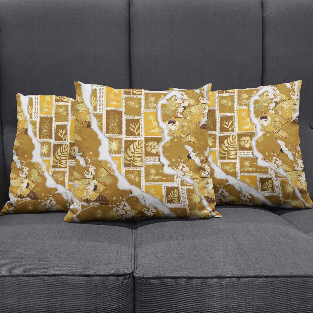 Hawaii Japanese Culture Gold Pillow Cover Spring Cranes Aloha Pattern