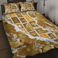 Hawaii Japanese Culture Gold Quilt Bed Set Spring Cranes Aloha Pattern