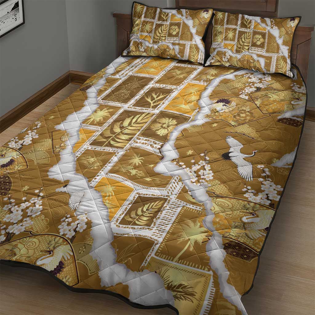 Hawaii Japanese Culture Gold Quilt Bed Set Spring Cranes Aloha Pattern