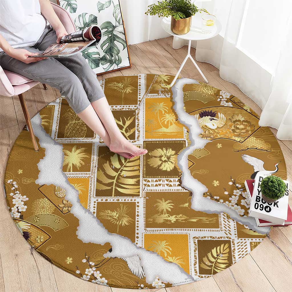 Hawaii Japanese Culture Gold Round Carpet Spring Cranes Aloha Pattern
