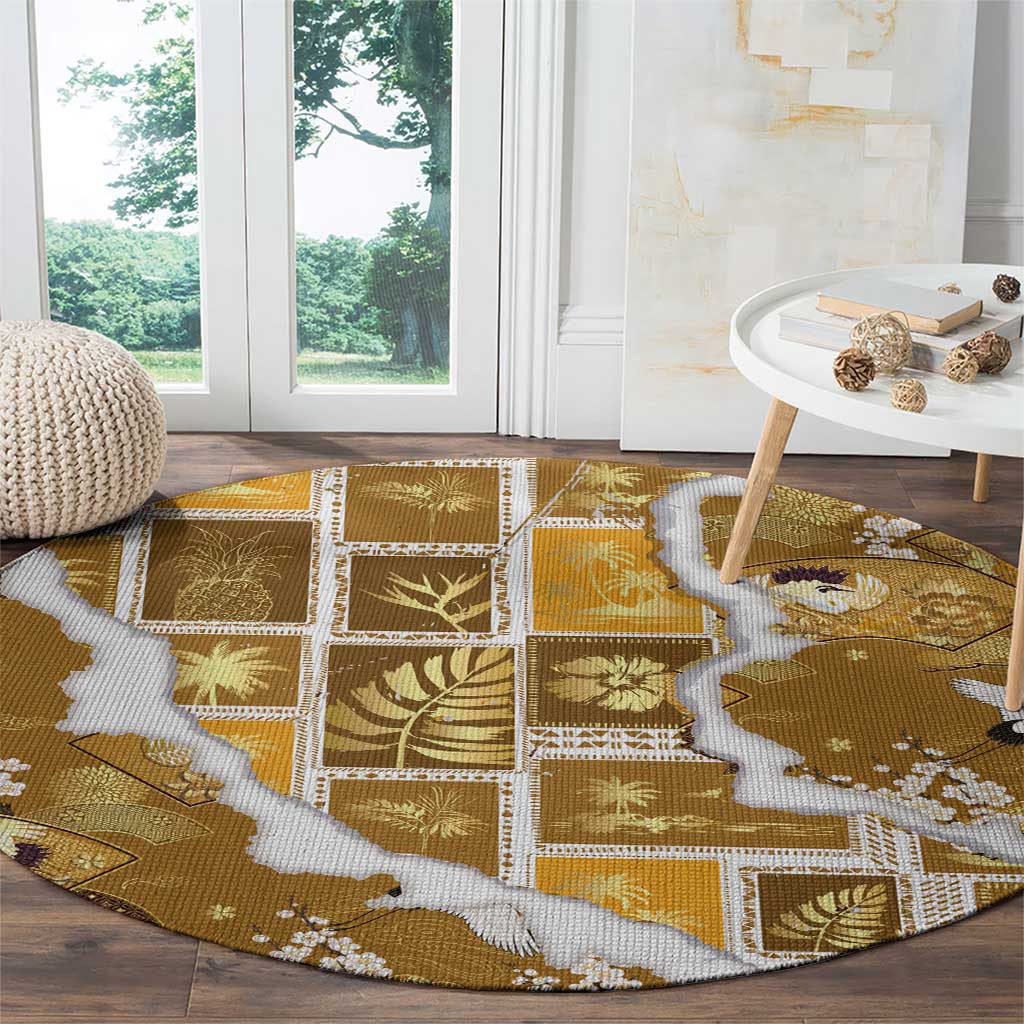 Hawaii Japanese Culture Gold Round Carpet Spring Cranes Aloha Pattern