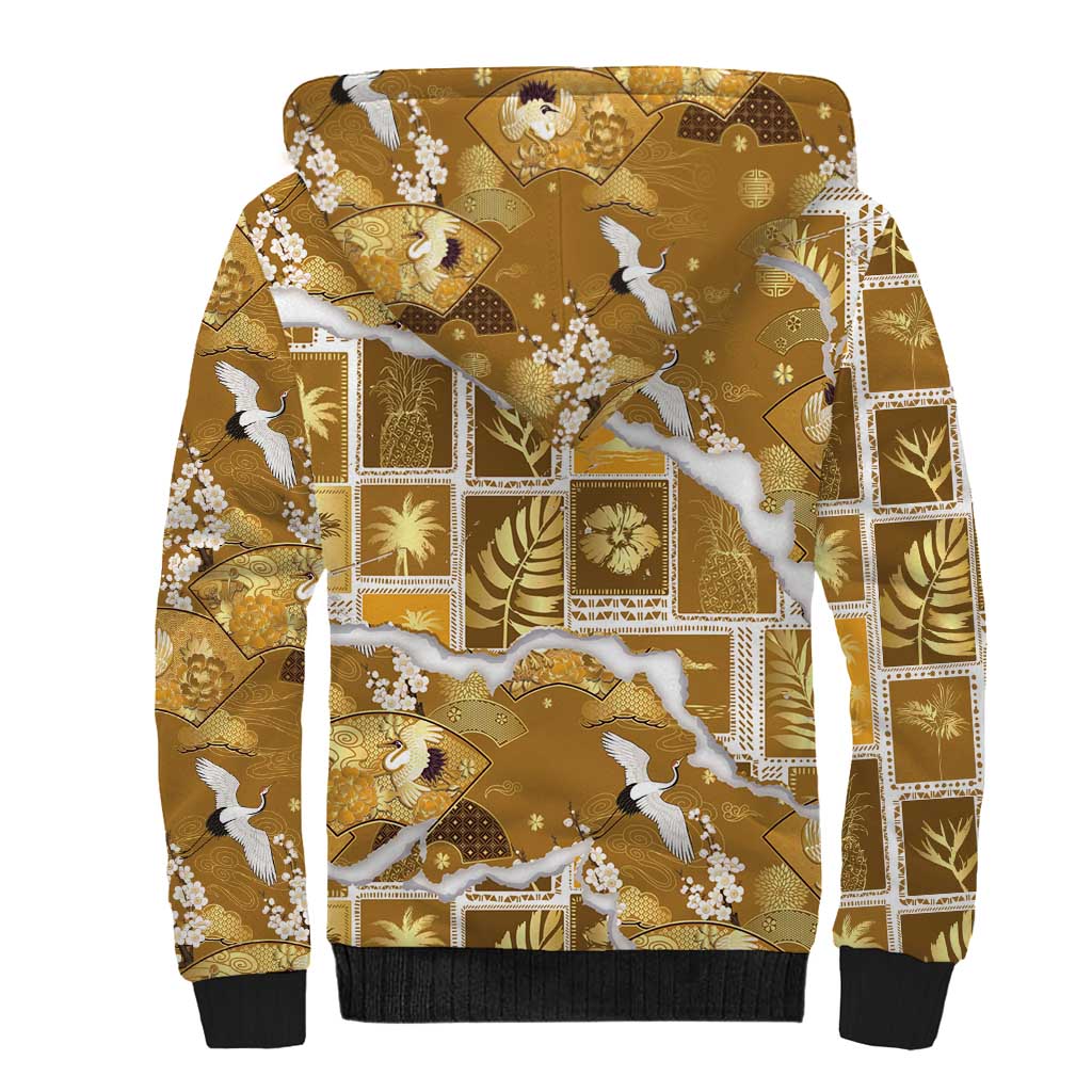 Hawaii Japanese Culture Gold Sherpa Hoodie Spring Cranes Aloha Pattern