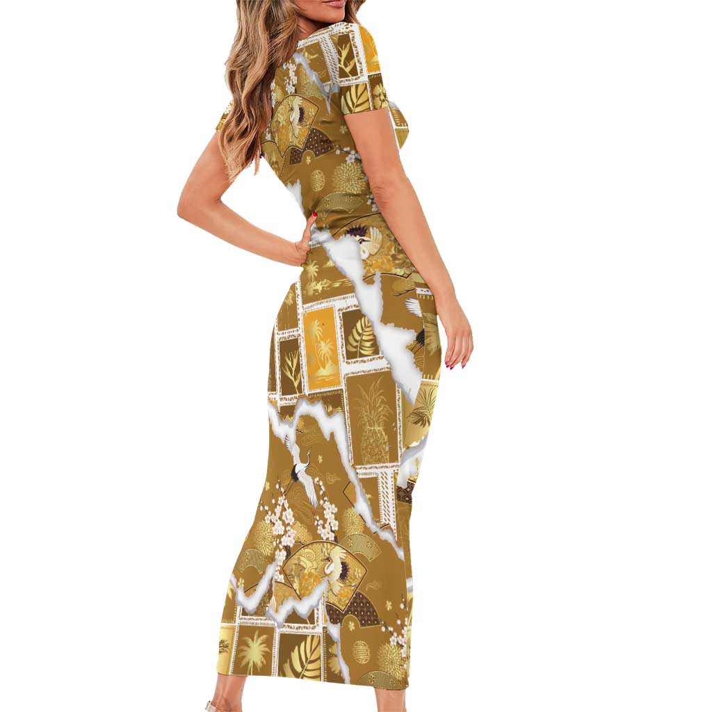 Hawaii Japanese Culture Gold Short Sleeve Bodycon Dress Spring Cranes Aloha Pattern
