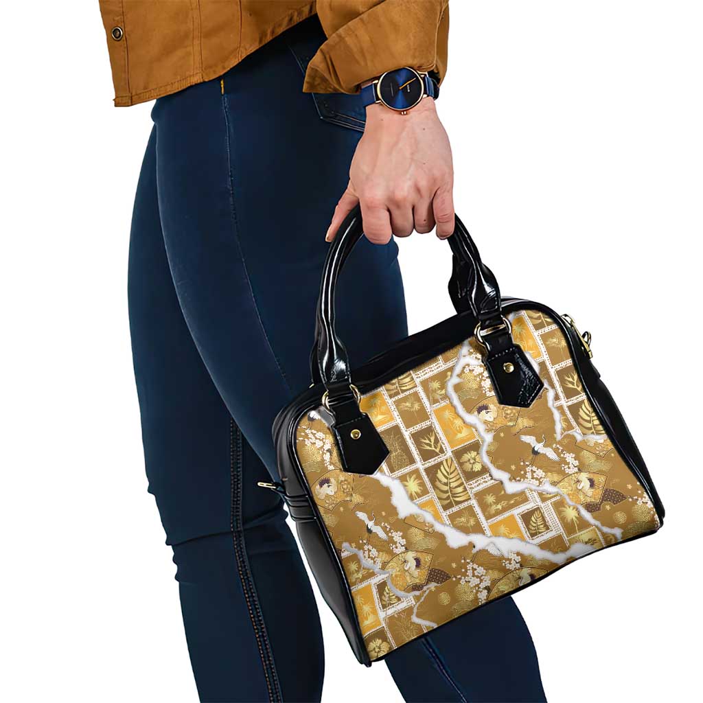 Hawaii Japanese Culture Gold Shoulder Handbag Spring Cranes Aloha Pattern