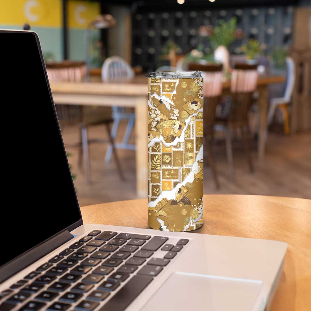 Hawaii Japanese Culture Gold Skinny Tumbler Spring Cranes Aloha Pattern