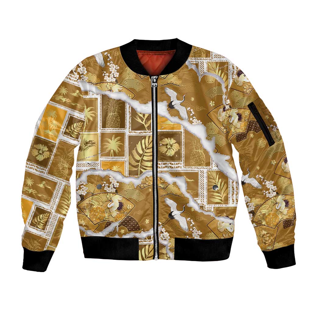 Hawaii Japanese Culture Gold Sleeve Zip Bomber Jacket Spring Cranes Aloha Pattern