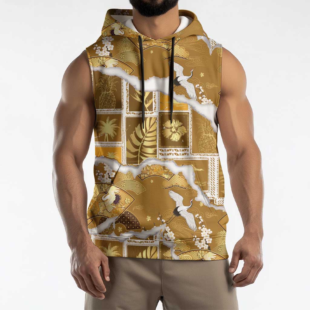Hawaii Japanese Culture Gold Sleeveless Hoodie Spring Cranes Aloha Pattern