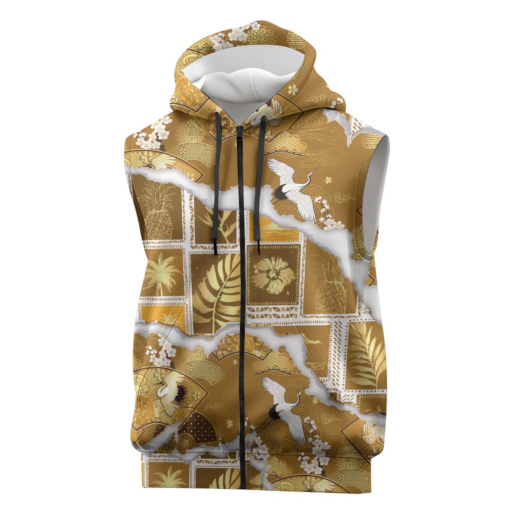 Hawaii Japanese Culture Gold Sleeveless Zip Hoodie Spring Cranes Aloha Pattern LT01 Gold - Polynesian Pride