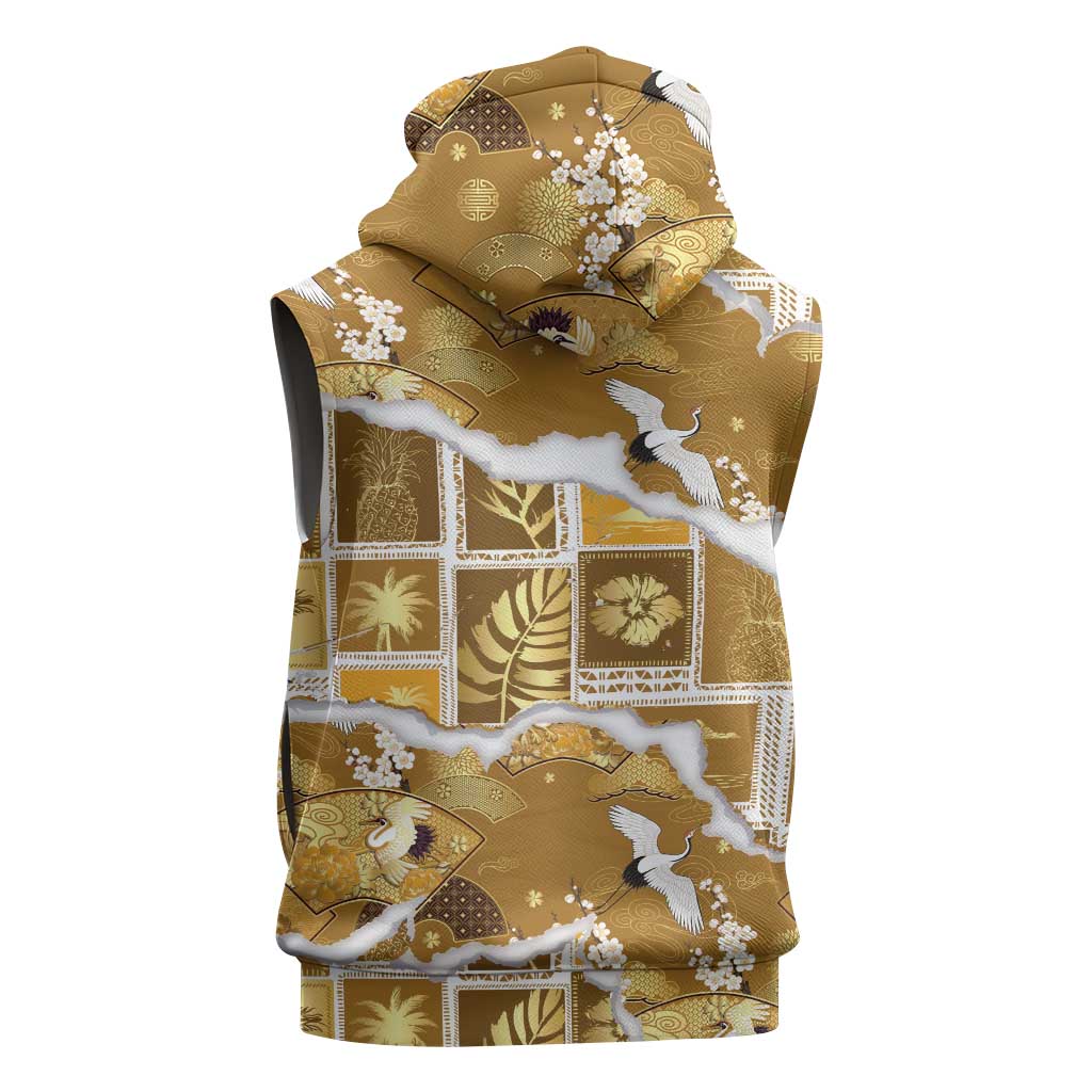 Hawaii Japanese Culture Gold Sleeveless Zip Hoodie Spring Cranes Aloha Pattern LT01 - Polynesian Pride