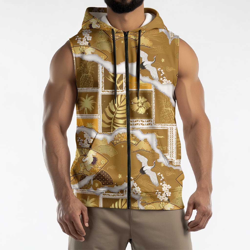Hawaii Japanese Culture Gold Sleeveless Zip Hoodie Spring Cranes Aloha Pattern LT01 - Polynesian Pride