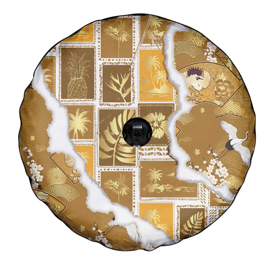 Hawaii Japanese Culture Gold Spare Tire Cover Spring Cranes Aloha Pattern