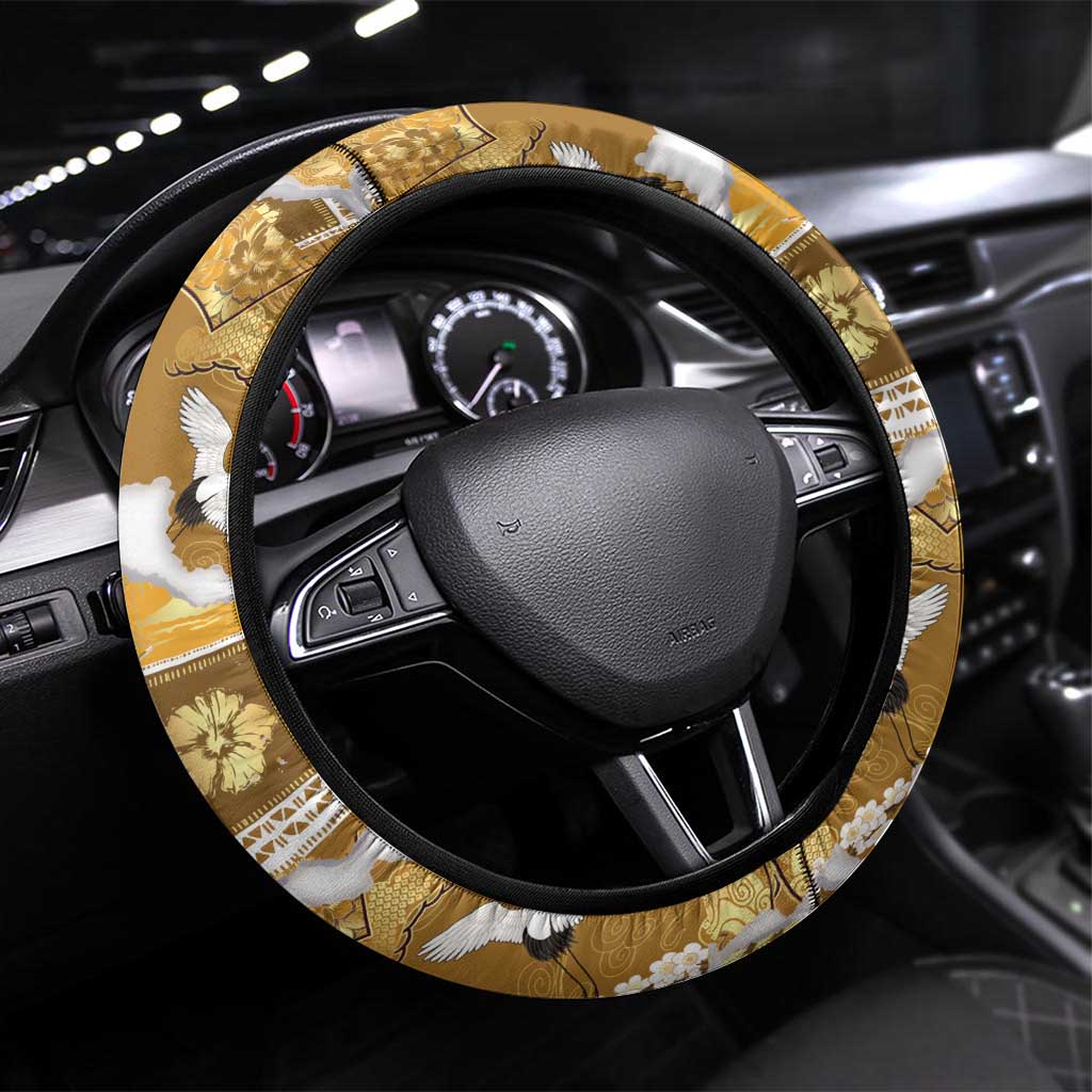 Hawaii Japanese Culture Gold Steering Wheel Cover Spring Cranes Aloha Pattern