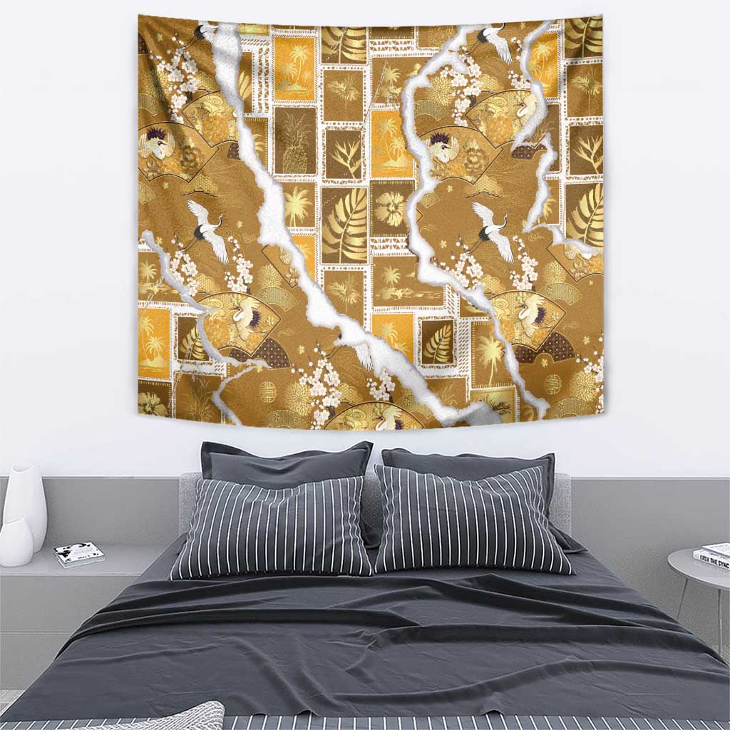 Hawaii Japanese Culture Gold Tapestry Spring Cranes Aloha Pattern