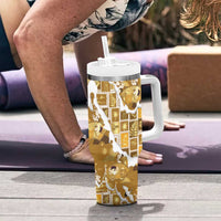 Hawaii Japanese Culture Gold Tumbler With Handle Spring Cranes Aloha Pattern