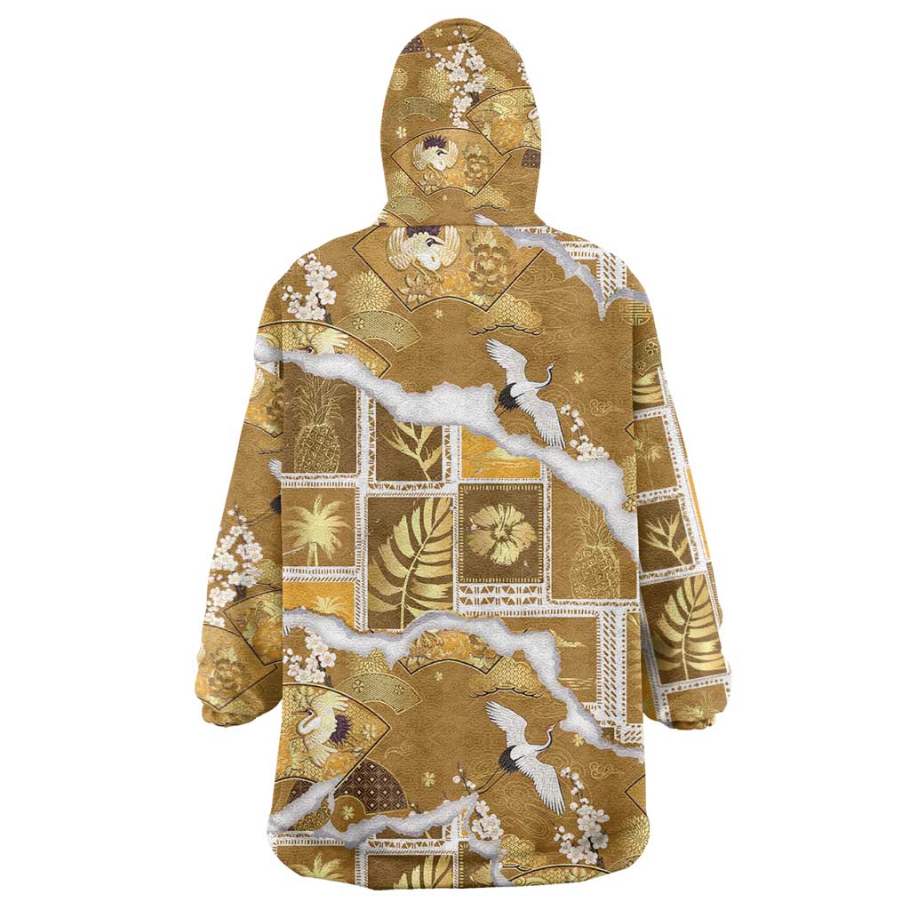 Hawaii Japanese Culture Gold Wearable Blanket Hoodie Spring Cranes Aloha Pattern LT01 - Polynesian Pride