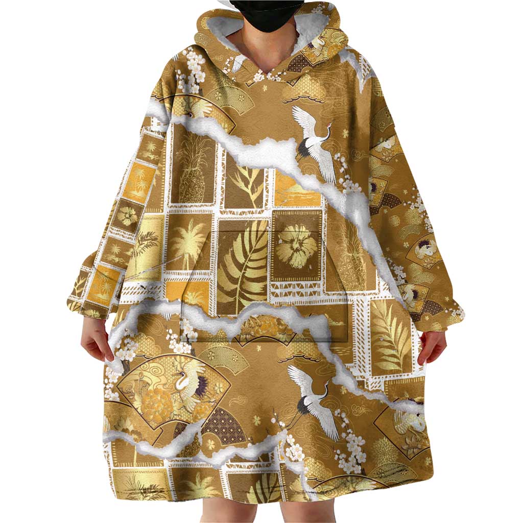 Hawaii Japanese Culture Gold Wearable Blanket Hoodie Spring Cranes Aloha Pattern LT01 - Polynesian Pride