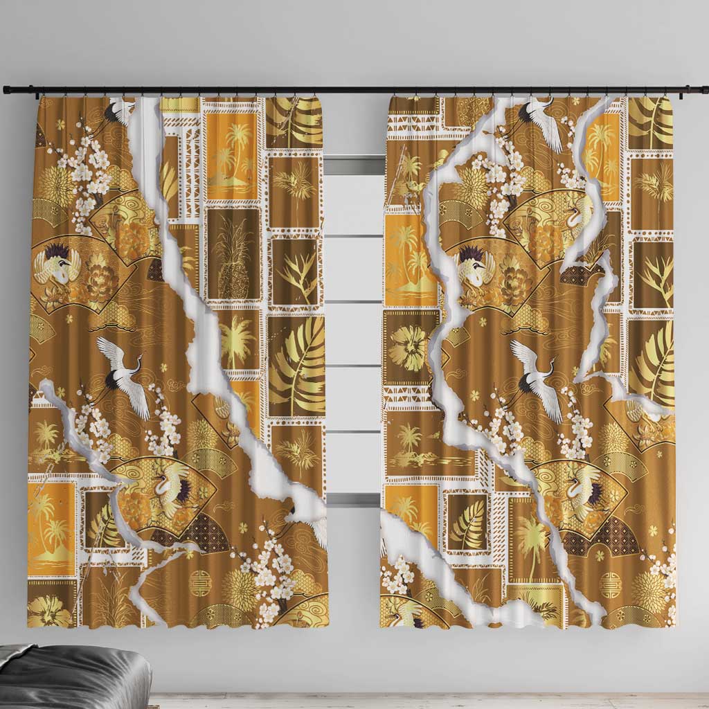 Hawaii Japanese Culture Gold Window Curtain Spring Cranes Aloha Pattern
