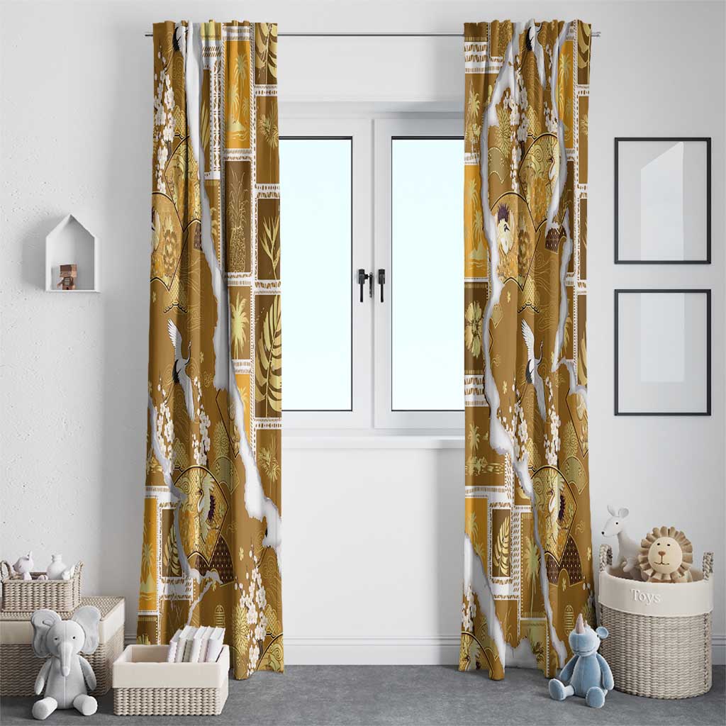 Hawaii Japanese Culture Gold Window Curtain Spring Cranes Aloha Pattern
