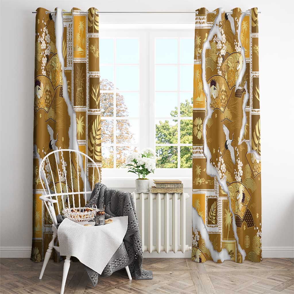 Hawaii Japanese Culture Gold Window Curtain Spring Cranes Aloha Pattern