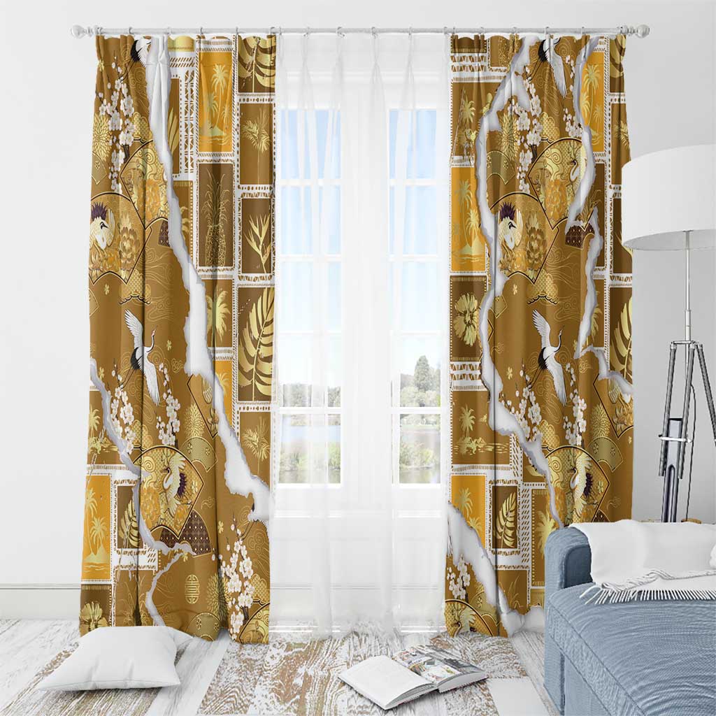 Hawaii Japanese Culture Gold Window Curtain Spring Cranes Aloha Pattern