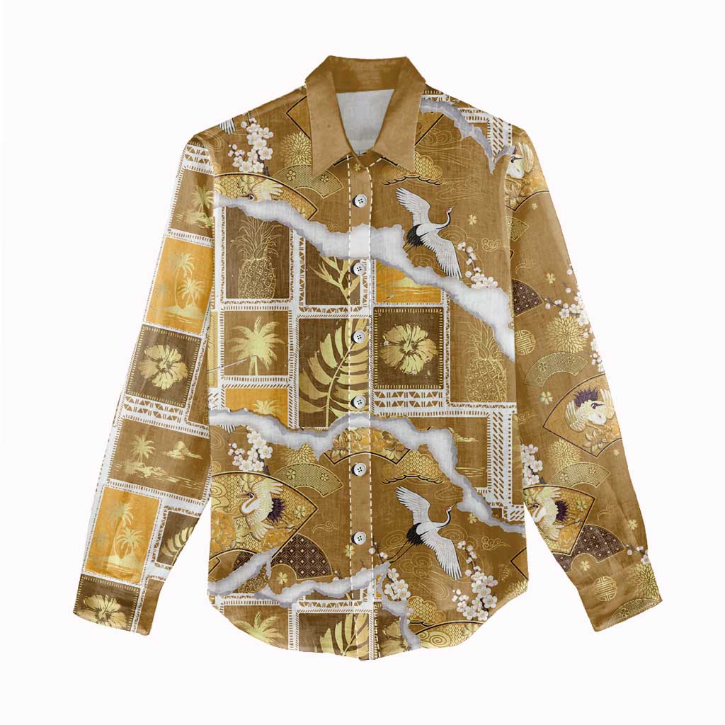 Hawaii Japanese Culture Gold Women Casual Shirt Spring Cranes Aloha Pattern