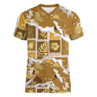 Hawaii Japanese Culture Gold Women V-Neck T-Shirt Spring Cranes Aloha Pattern