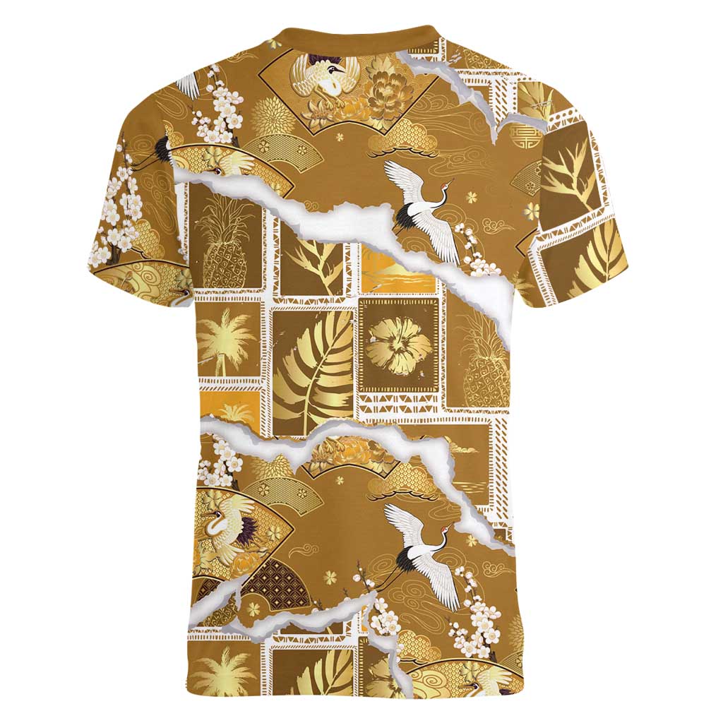 Hawaii Japanese Culture Gold Women V-Neck T-Shirt Spring Cranes Aloha Pattern