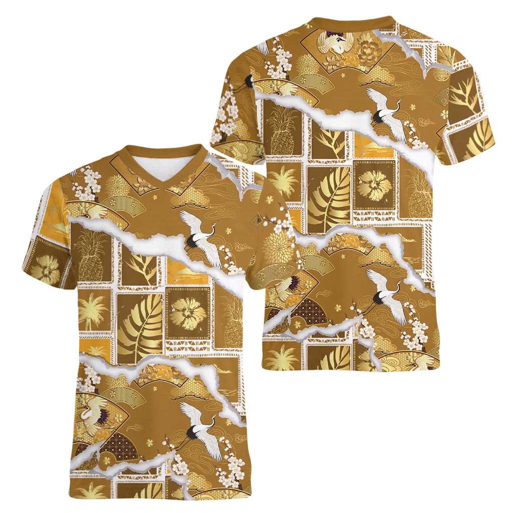Hawaii Japanese Culture Gold Women V-Neck T-Shirt Spring Cranes Aloha Pattern
