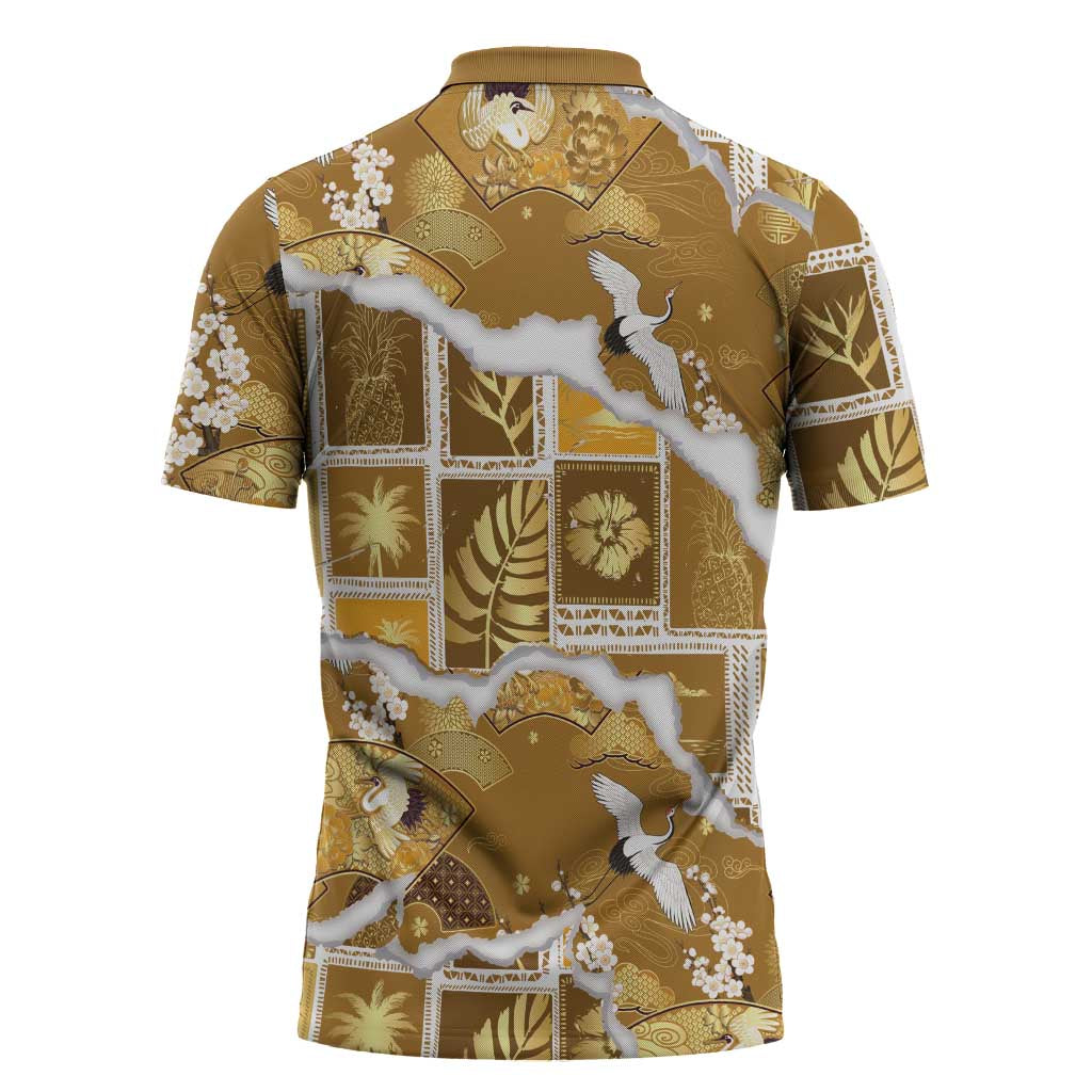 Hawaii Japanese Culture Gold Zipper Polo Shirt Spring Cranes Aloha Pattern