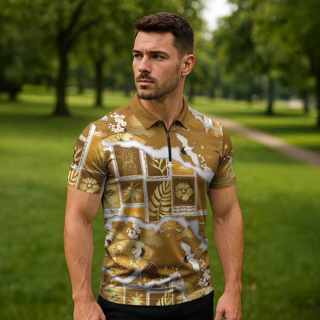 Hawaii Japanese Culture Gold Zipper Polo Shirt Spring Cranes Aloha Pattern