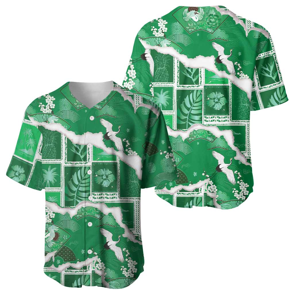 Hawaii Japanese Culture Green Baseball Jersey Spring Cranes Aloha Pattern