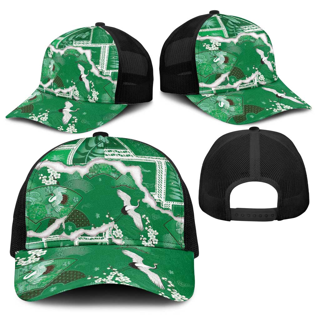 Hawaii Japanese Culture Green Baseball Net Cap Spring Cranes Aloha Pattern