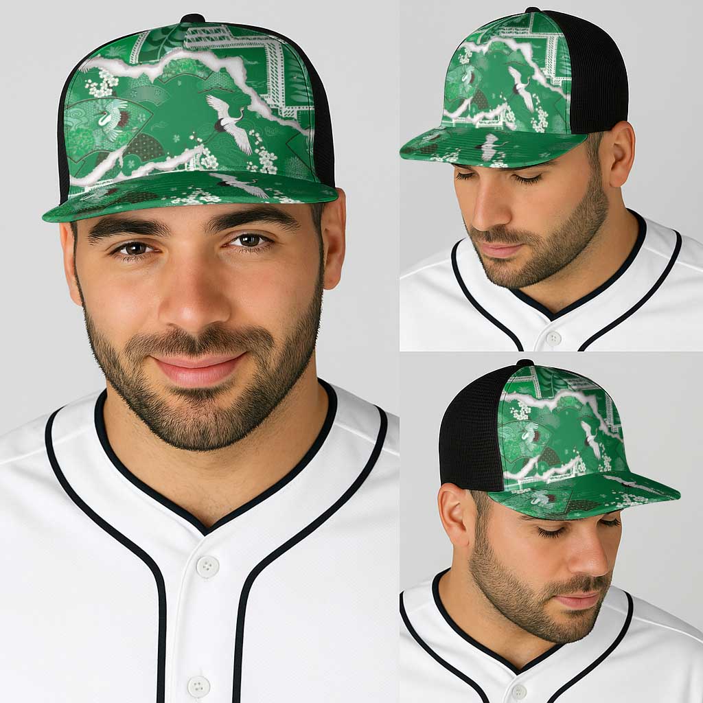 Hawaii Japanese Culture Green Baseball Net Cap Spring Cranes Aloha Pattern